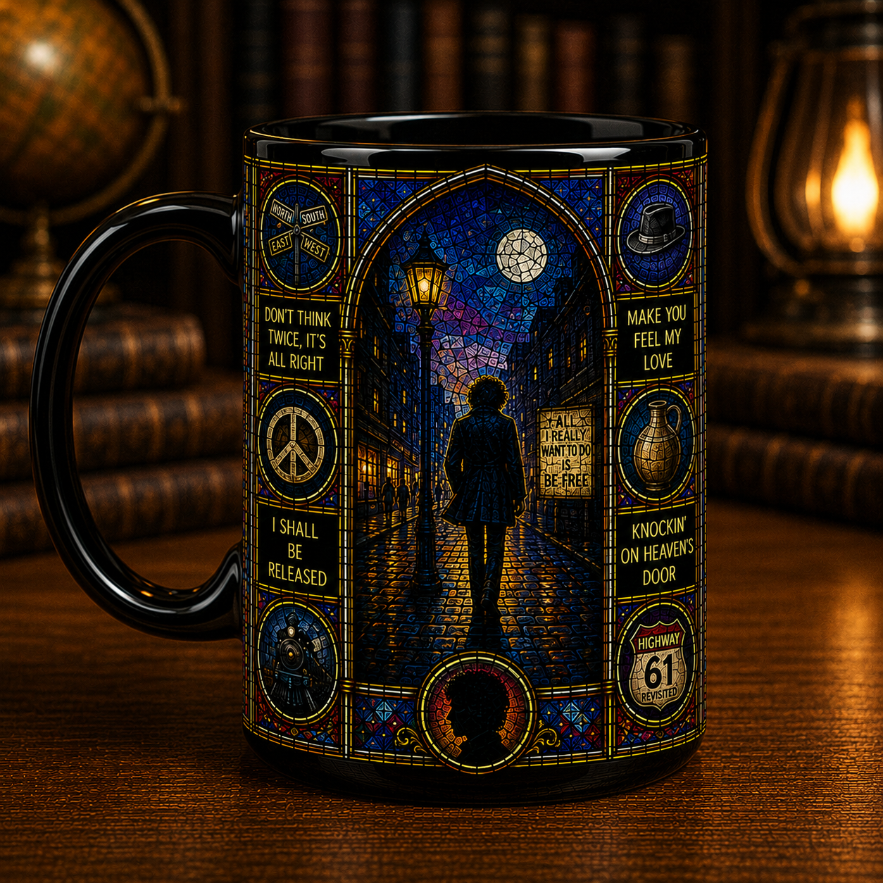 Bob Dylan Stained Glass Black Mug – Bob Dylan Ceramic Coffee Mug, Folk Rock Music Lover Gift