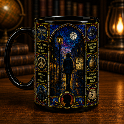 Bob Dylan Stained Glass Black Mug – Bob Dylan Ceramic Coffee Mug, Folk Rock Music Lover Gift