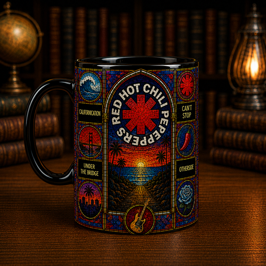 Red Hot Chili Peppers Stained Glass Black Mug – RHCP Ceramic Coffee Mug, Classic Rock Band Fan Gift