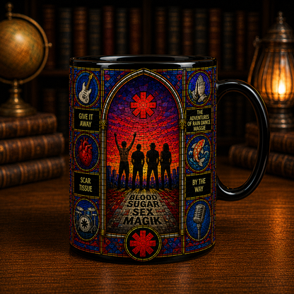 Red Hot Chili Peppers Stained Glass Black Mug – RHCP Ceramic Coffee Mug, Classic Rock Band Fan Gift