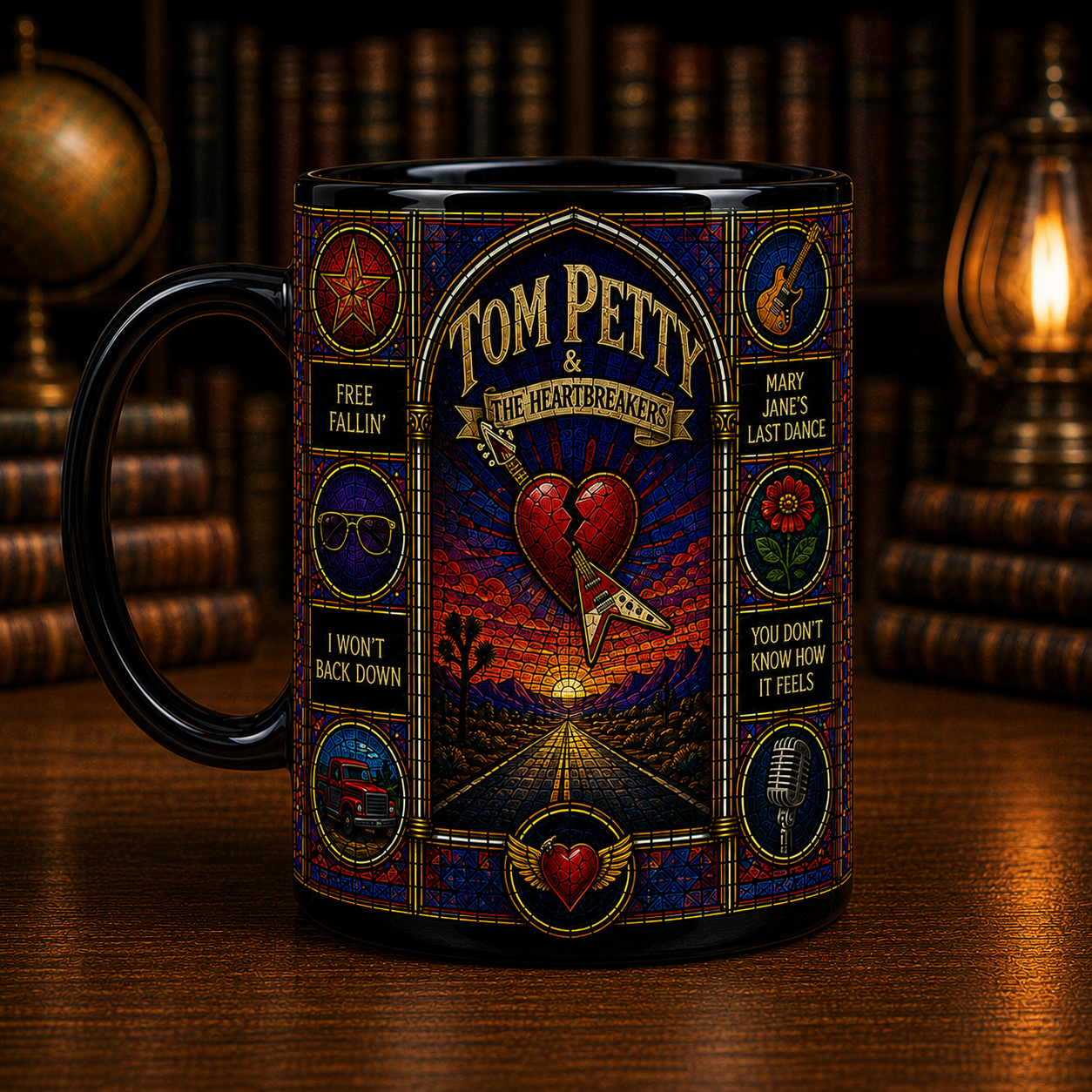 Tom Petty Stained Glass Black Mug – Tom Petty & The Heartbreakers Ceramic Coffee Mug, Classic Rock Fan Gift