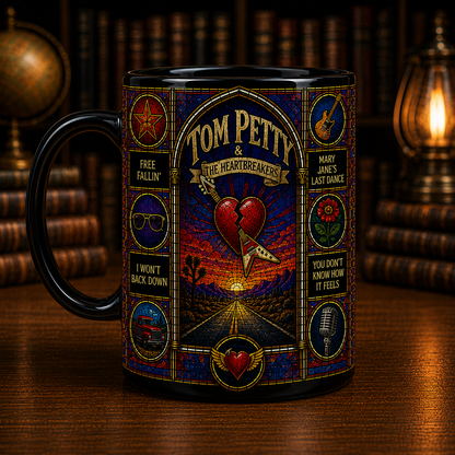 Tom Petty Stained Glass Black Mug – Tom Petty & The Heartbreakers Ceramic Coffee Mug, Classic Rock Fan Gift