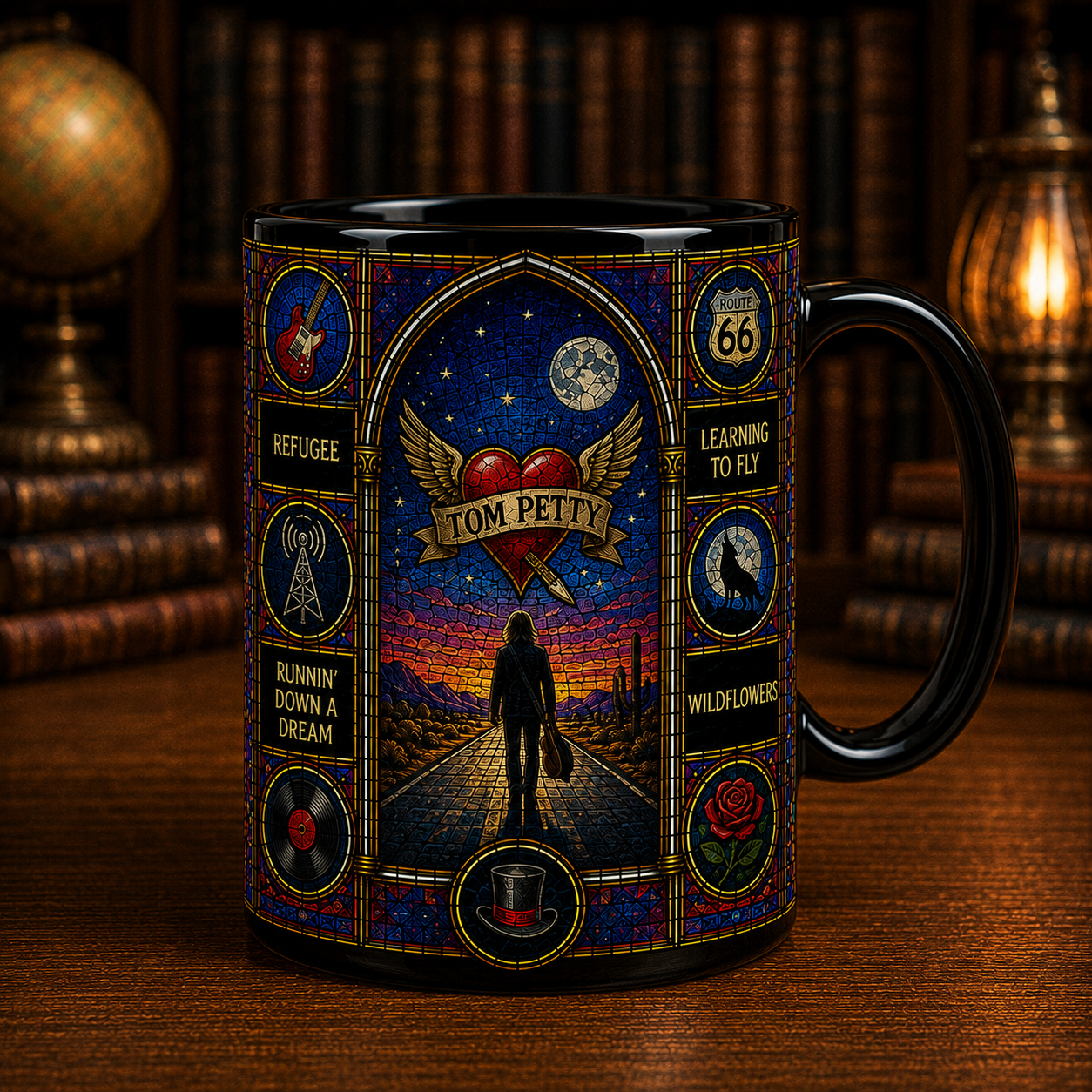 Tom Petty Stained Glass Black Mug – Tom Petty & The Heartbreakers Ceramic Coffee Mug, Classic Rock Fan Gift