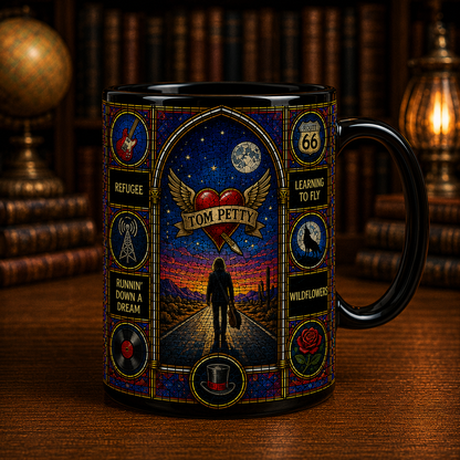 Tom Petty Stained Glass Black Mug – Tom Petty & The Heartbreakers Ceramic Coffee Mug, Classic Rock Fan Gift