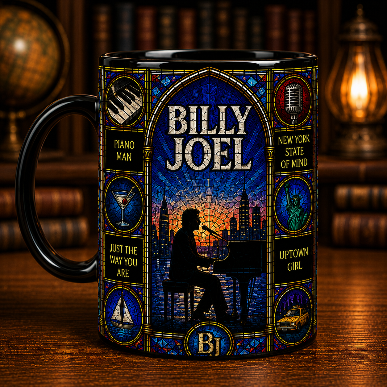 Billy Joel Stained Glass Black Mug – Piano Man Ceramic Coffee Mug, Classic Rock Music Gift, Billy Joel Fan Mug
