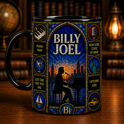 Billy Joel Stained Glass Black Mug – Piano Man Ceramic Coffee Mug, Classic Rock Music Gift, Billy Joel Fan Mug