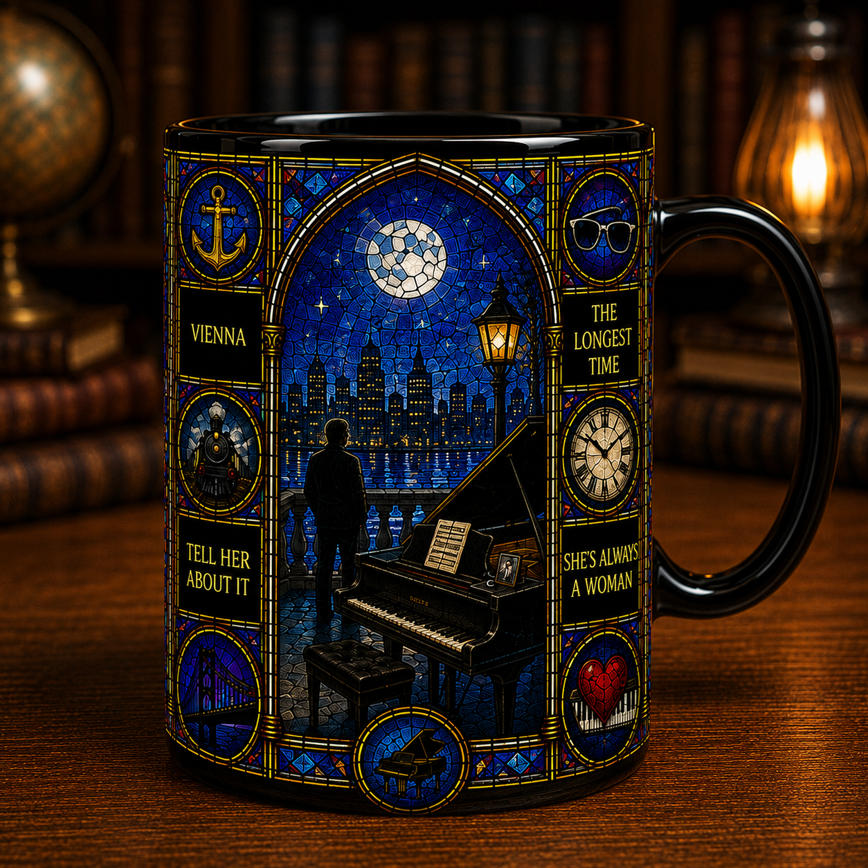 Billy Joel Stained Glass Black Mug – Piano Man Ceramic Coffee Mug, Classic Rock Music Gift, Billy Joel Fan Mug