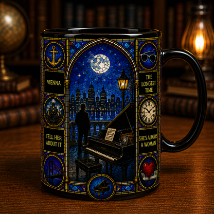 Billy Joel Stained Glass Black Mug – Piano Man Ceramic Coffee Mug, Classic Rock Music Gift, Billy Joel Fan Mug
