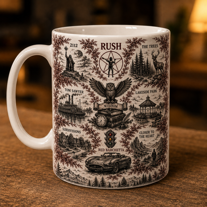 Rush Vintage Toile Ceramic Mug – Classic Rock Coffee Mug, Rush Band Fan Gift