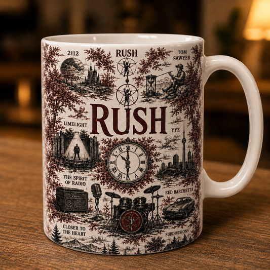 Rush Vintage Toile Ceramic Mug – Classic Rock Coffee Mug, Rush Band Fan Gift