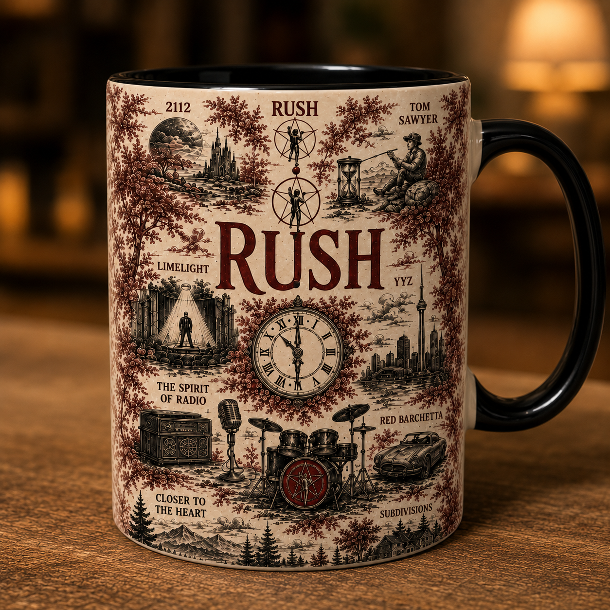 Rush Vintage Red Toile Accent Mug – Classic Rock Ceramic Coffee Mug, Rush Band Fan Gift, Two-Tone Music Mug