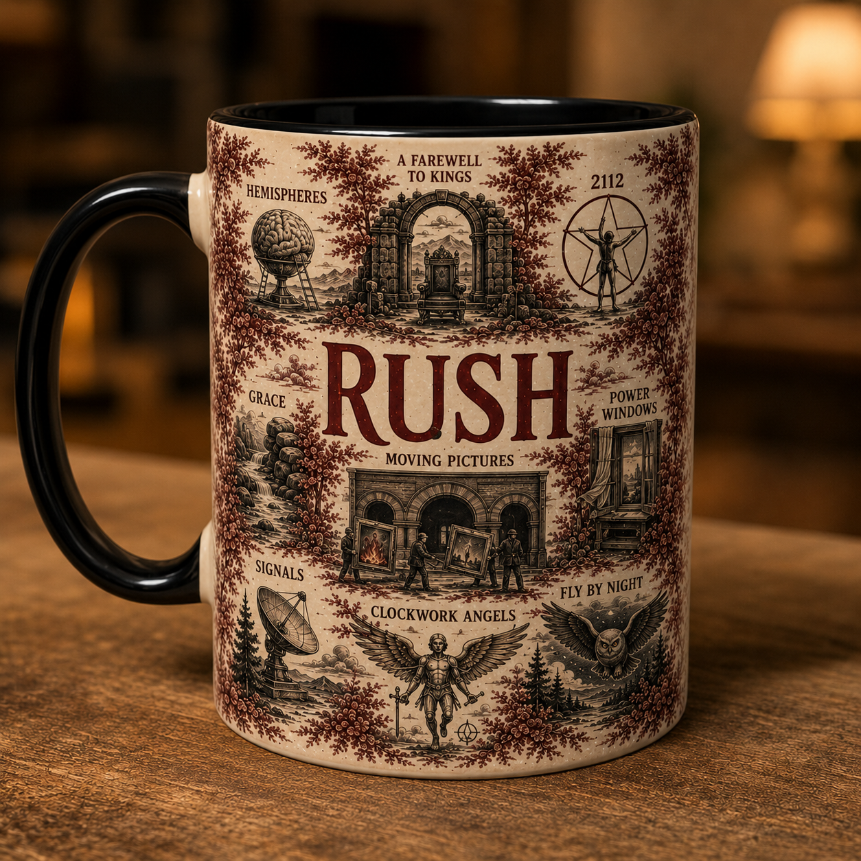 Rush Vintage Red Toile Accent Mug – Classic Rock Ceramic Coffee Mug, Rush Band Fan Gift, Two-Tone Music Mug
