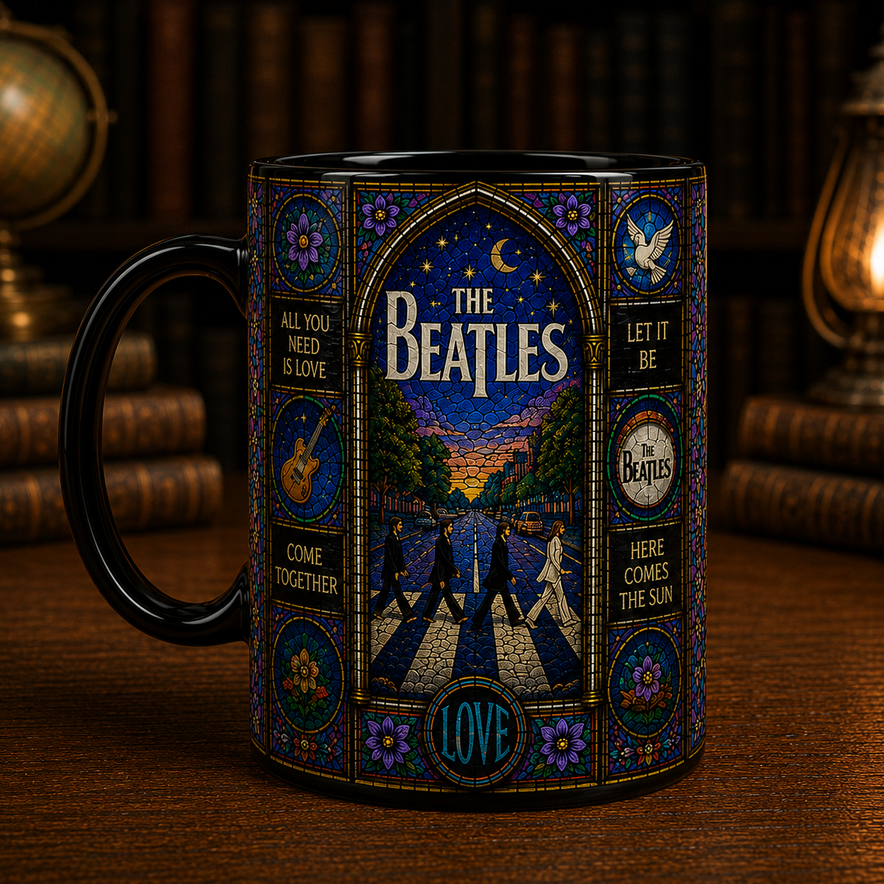 The Beatles Stained Glass Black Mug – Abbey Road Ceramic Coffee Mug, Classic Rock Fan Gift, Beatles Lover Mug