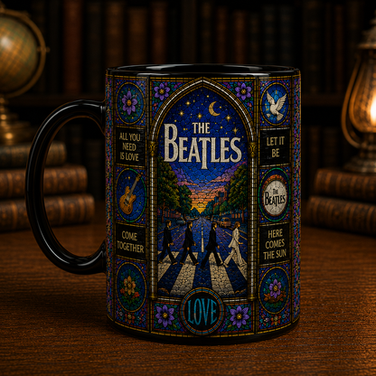 The Beatles Stained Glass Black Mug – Abbey Road Ceramic Coffee Mug, Classic Rock Fan Gift, Beatles Lover Mug