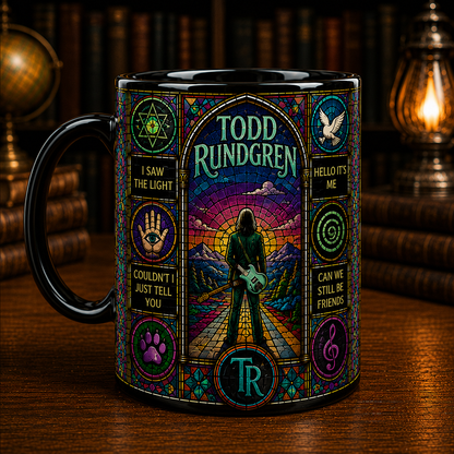 Todd Rundgren Stained Glass Black Mug – Progressive Rock Ceramic Coffee Mug, Music Lover Gift, 11oz & 15oz