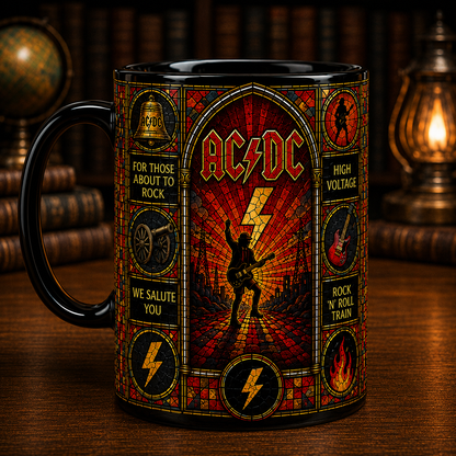 AC/DC Stained Glass Black Mug – Classic Rock Coffee Mug, Back in Black Ceramic Mug, AC/DC Fan Gift