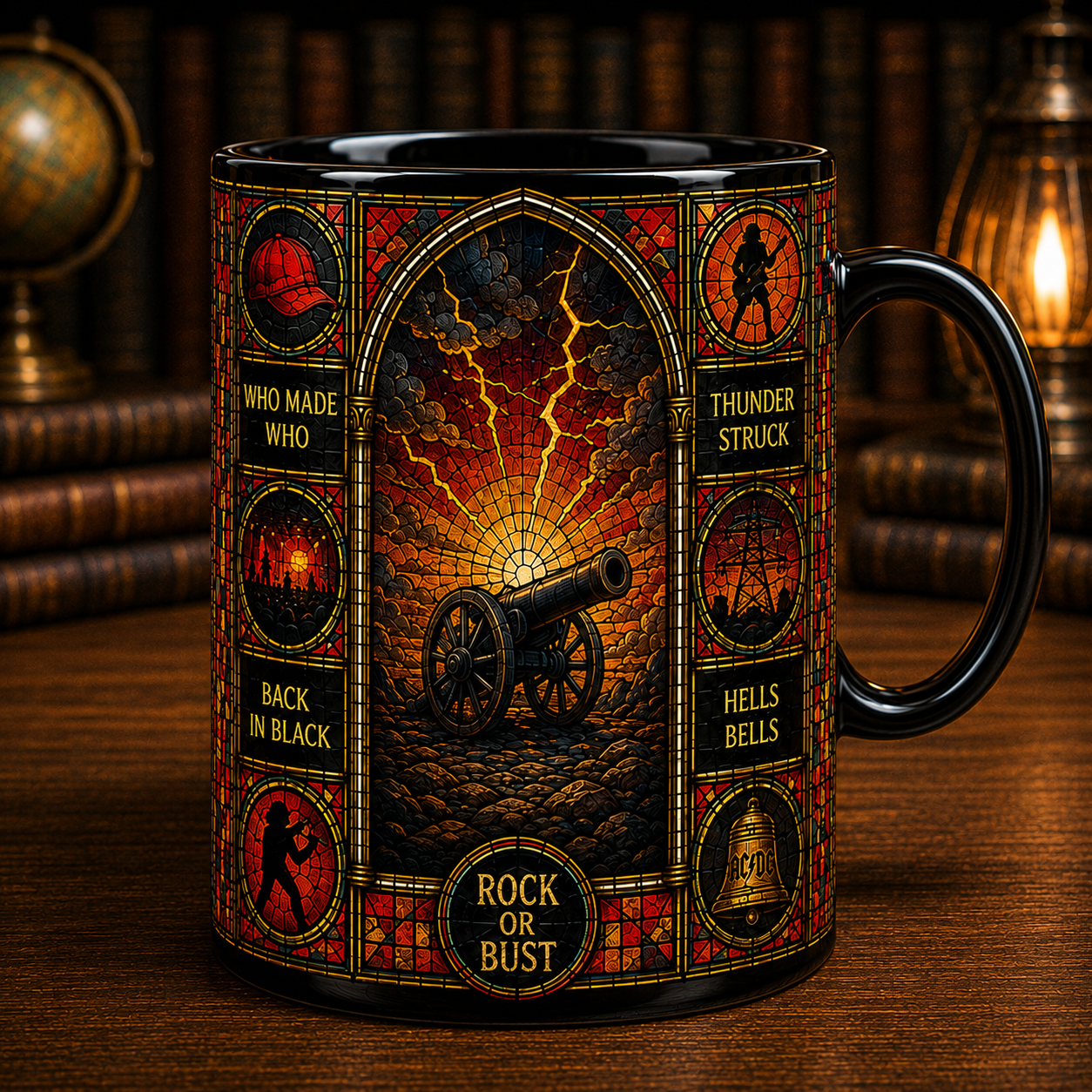 AC/DC Stained Glass Black Mug – Classic Rock Coffee Mug, Back in Black Ceramic Mug, AC/DC Fan Gift