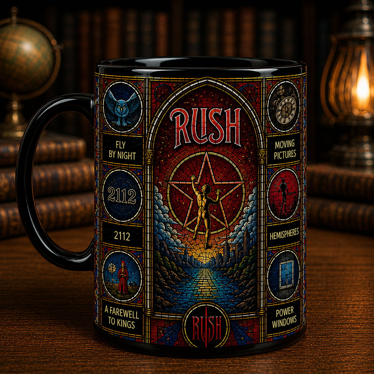 Rush Stained Glass Black Mug – Progressive Rock Coffee Mug, 2112 & Moving Pictures Ceramic Mug, Rush Fan Gift