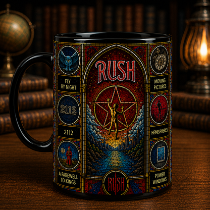 Rush Stained Glass Black Mug – Progressive Rock Coffee Mug, 2112 & Moving Pictures Ceramic Mug, Rush Fan Gift