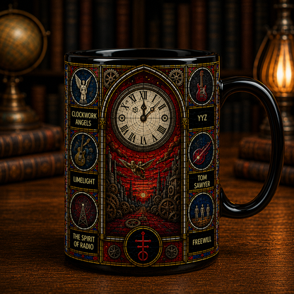 Rush Stained Glass Black Mug – Progressive Rock Coffee Mug, 2112 & Moving Pictures Ceramic Mug, Rush Fan Gift