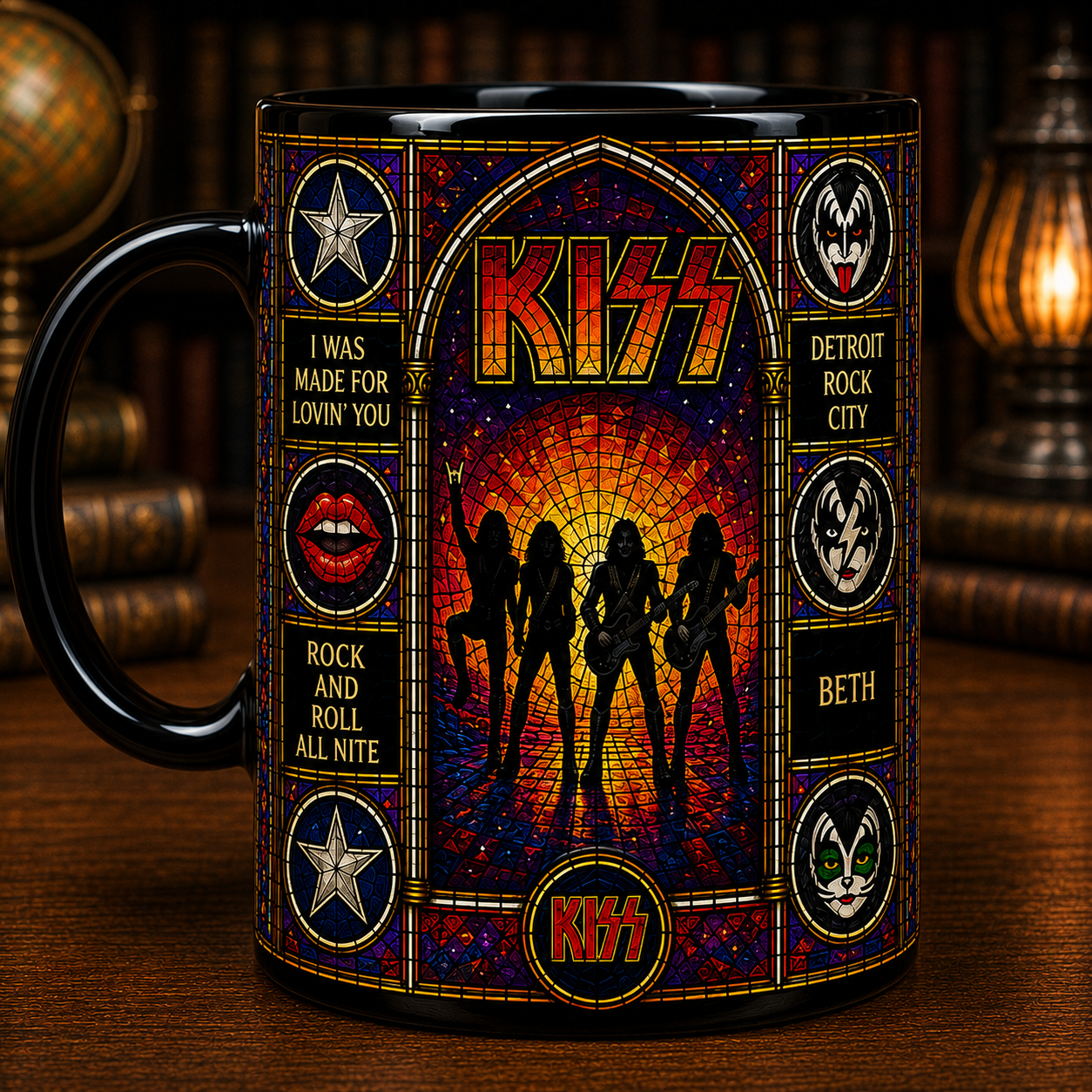 KISS Stained Glass Black Mug – Rock Band Coffee Mug, Vintage Hard Rock Ceramic Mug, Music Lover Gift
