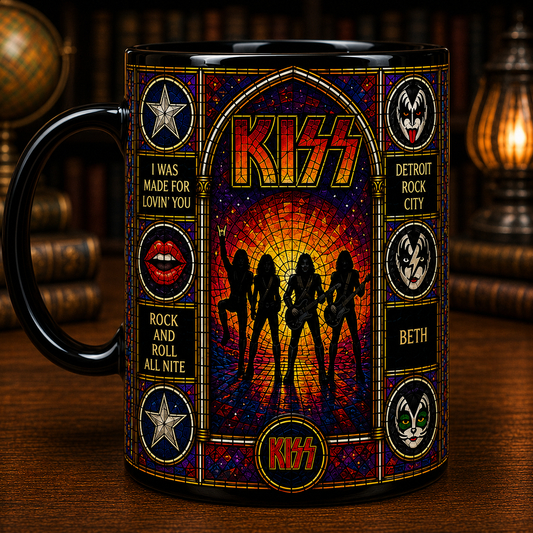 KISS Stained Glass Black Mug – Rock Band Coffee Mug, Vintage Hard Rock Ceramic Mug, Music Lover Gift