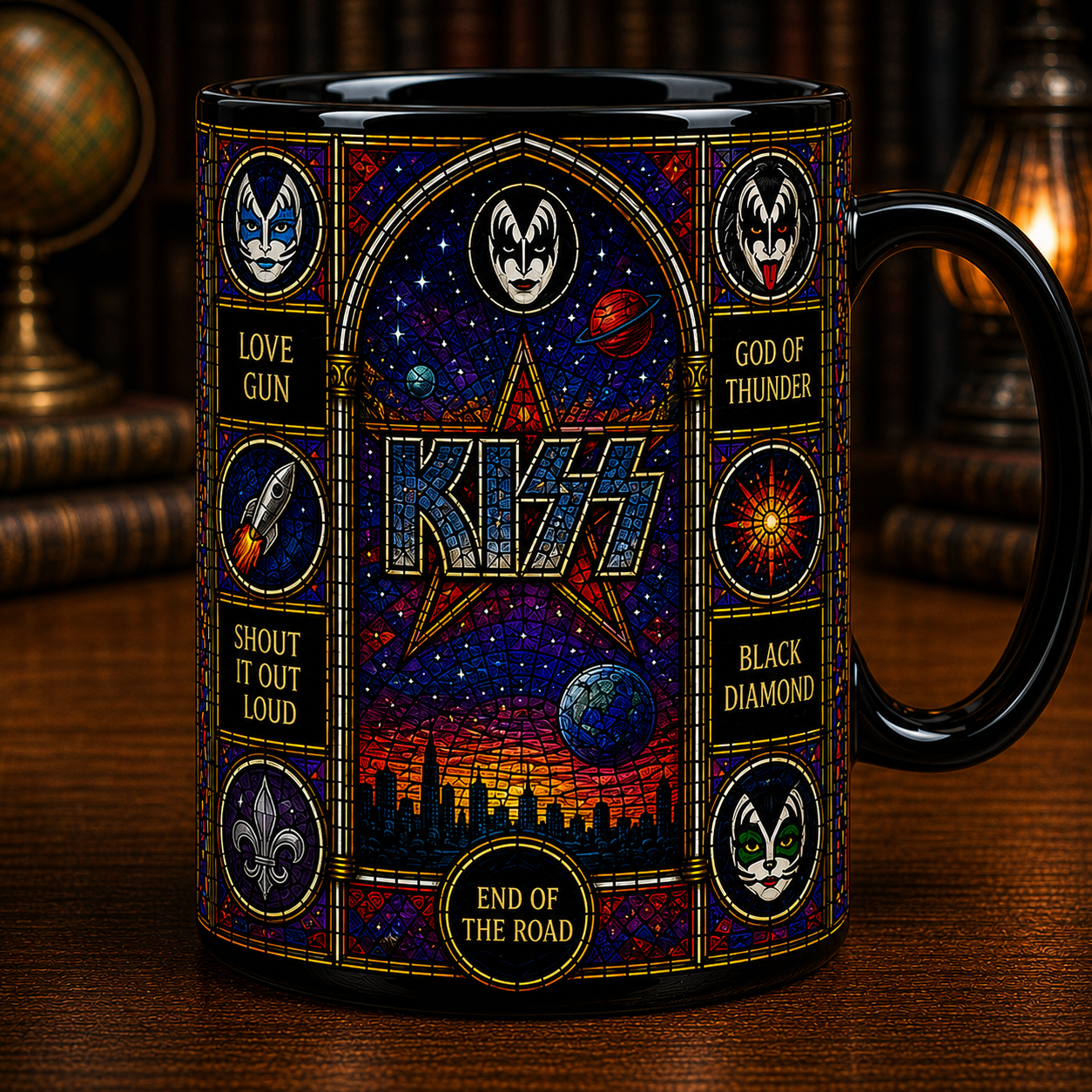 KISS Stained Glass Black Mug – Rock Band Coffee Mug, Vintage Hard Rock Ceramic Mug, Music Lover Gift
