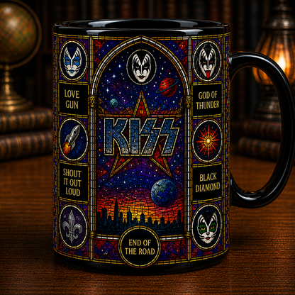 KISS Stained Glass Black Mug – Rock Band Coffee Mug, Vintage Hard Rock Ceramic Mug, Music Lover Gift