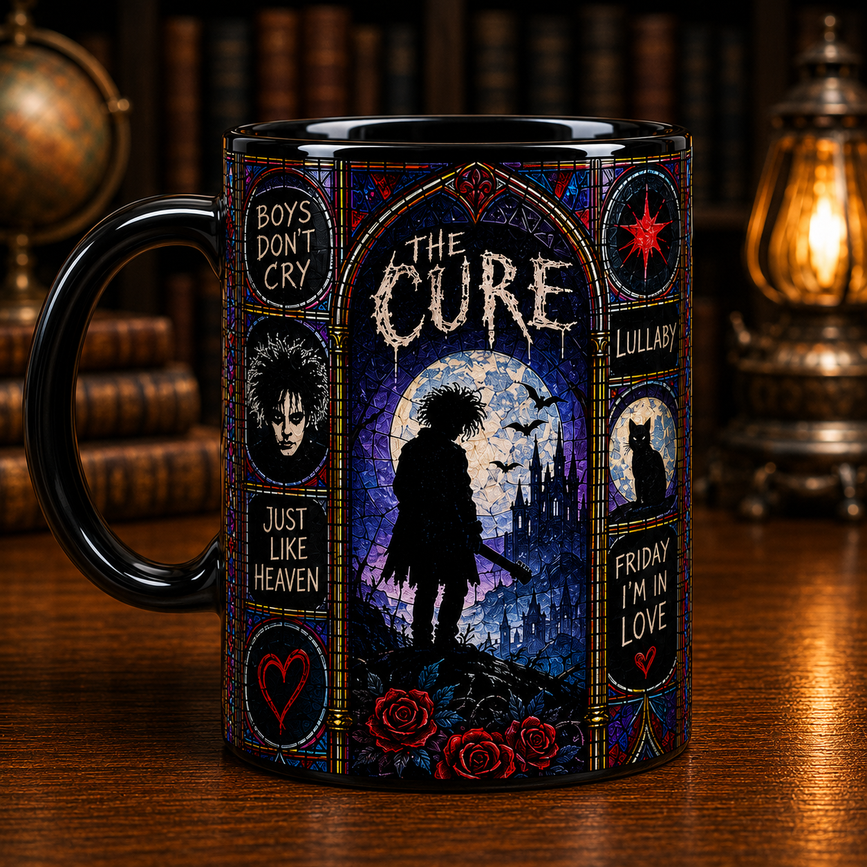 The Cure Stained Glass Black Mug – Gothic Rock Coffee Mug, Robert Smith Inspired Ceramic Mug, Alternative Music Fan Gift