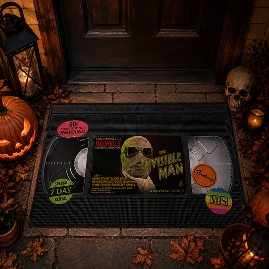 The Invisible Man VHS Horror Doormat – Vintage Monster Movie Halloween Welcome Mat, Classic Horror Front Door Rug