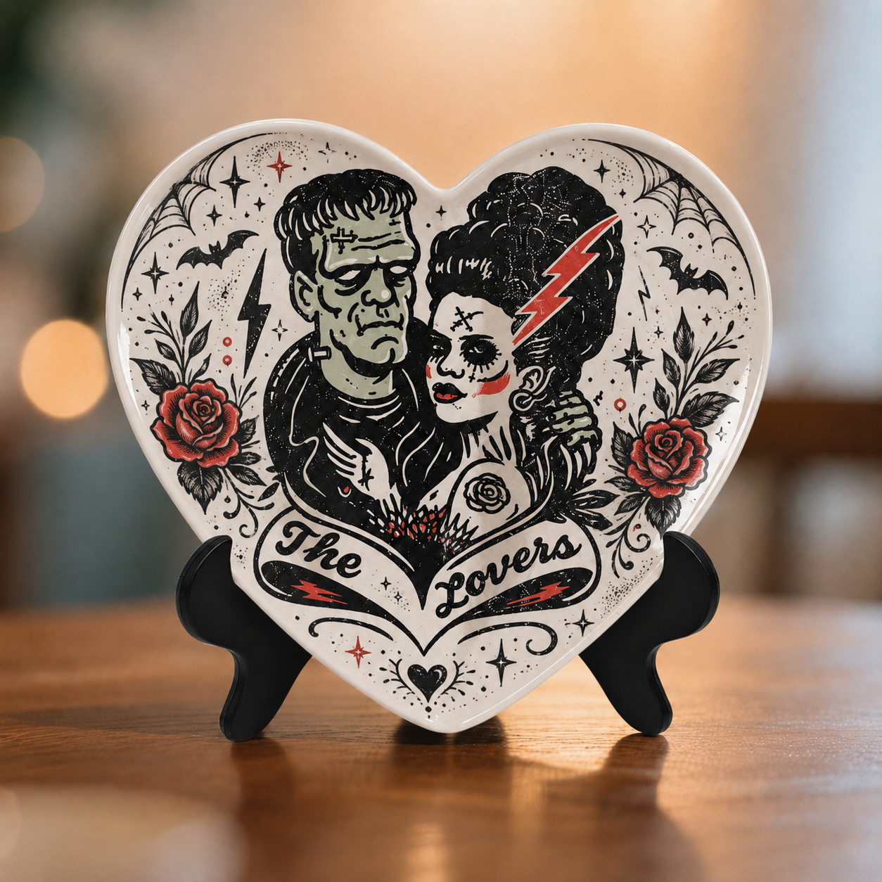 Frankenstein & Bride Heart Plate, Gothic Horror Love Ceramic Plate, Classic Monster Couple Decor, Halloween Heart Shaped Plate, Romantic Horror Gift