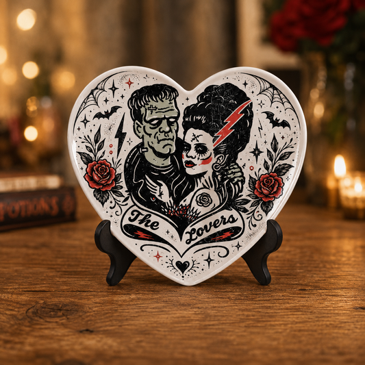 Frankenstein & Bride Heart Plate, Gothic Horror Love Ceramic Plate, Classic Monster Couple Decor, Halloween Heart Shaped Plate, Romantic Horror Gift
