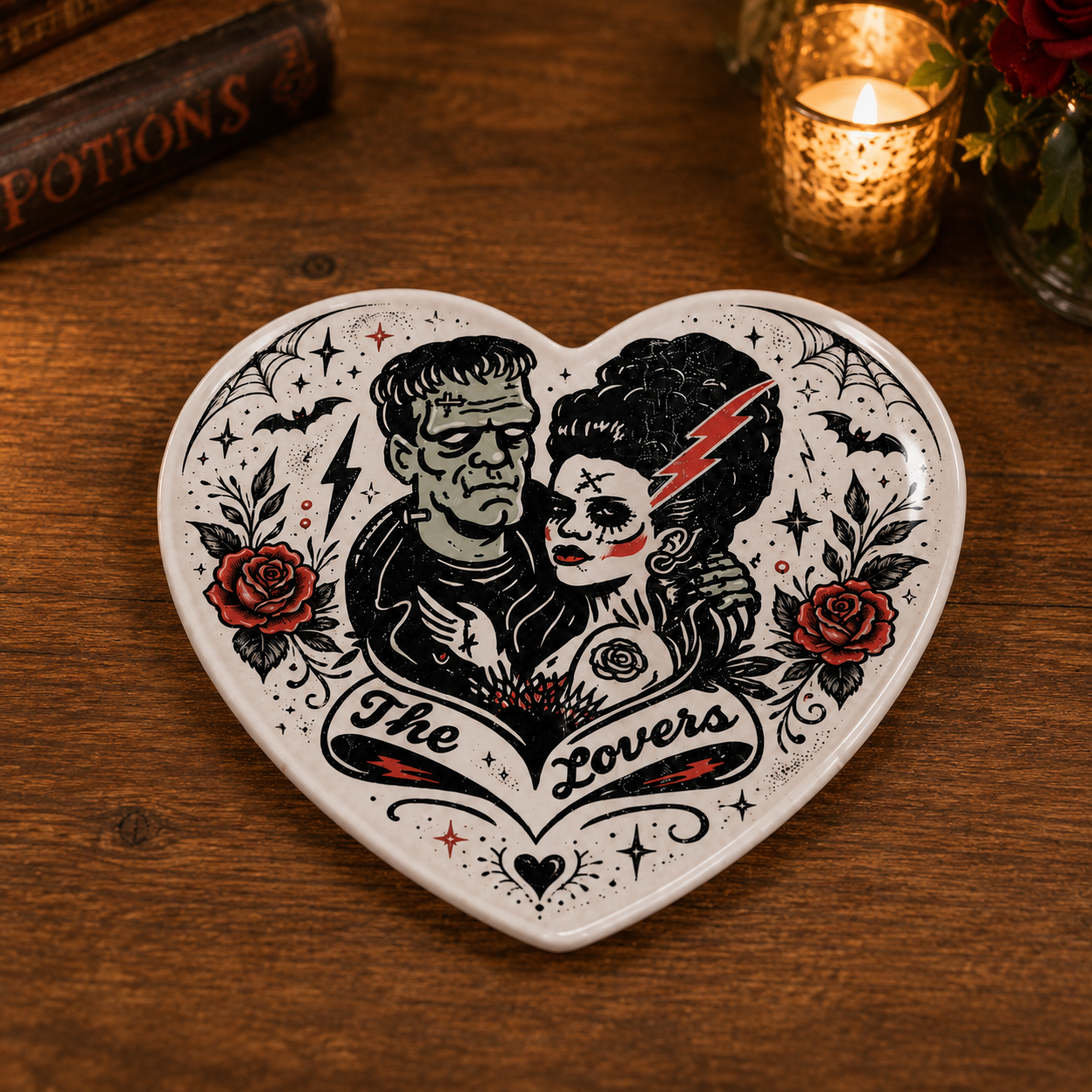 Frankenstein & Bride Heart Plate, Gothic Horror Love Ceramic Plate, Classic Monster Couple Decor, Halloween Heart Shaped Plate, Romantic Horror Gift
