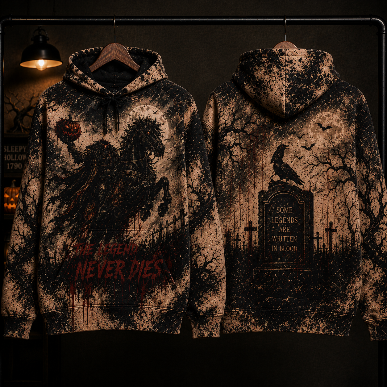 Headless Horseman Halloween Hoodie – Sleepy Hollow Gothic All Over Print Hoodie, The Legend Never Dies Horror Sweatshirt, Spooky Fall Gift