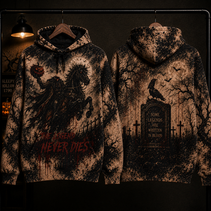 Headless Horseman Halloween Hoodie – Sleepy Hollow Gothic All Over Print Hoodie, The Legend Never Dies Horror Sweatshirt, Spooky Fall Gift