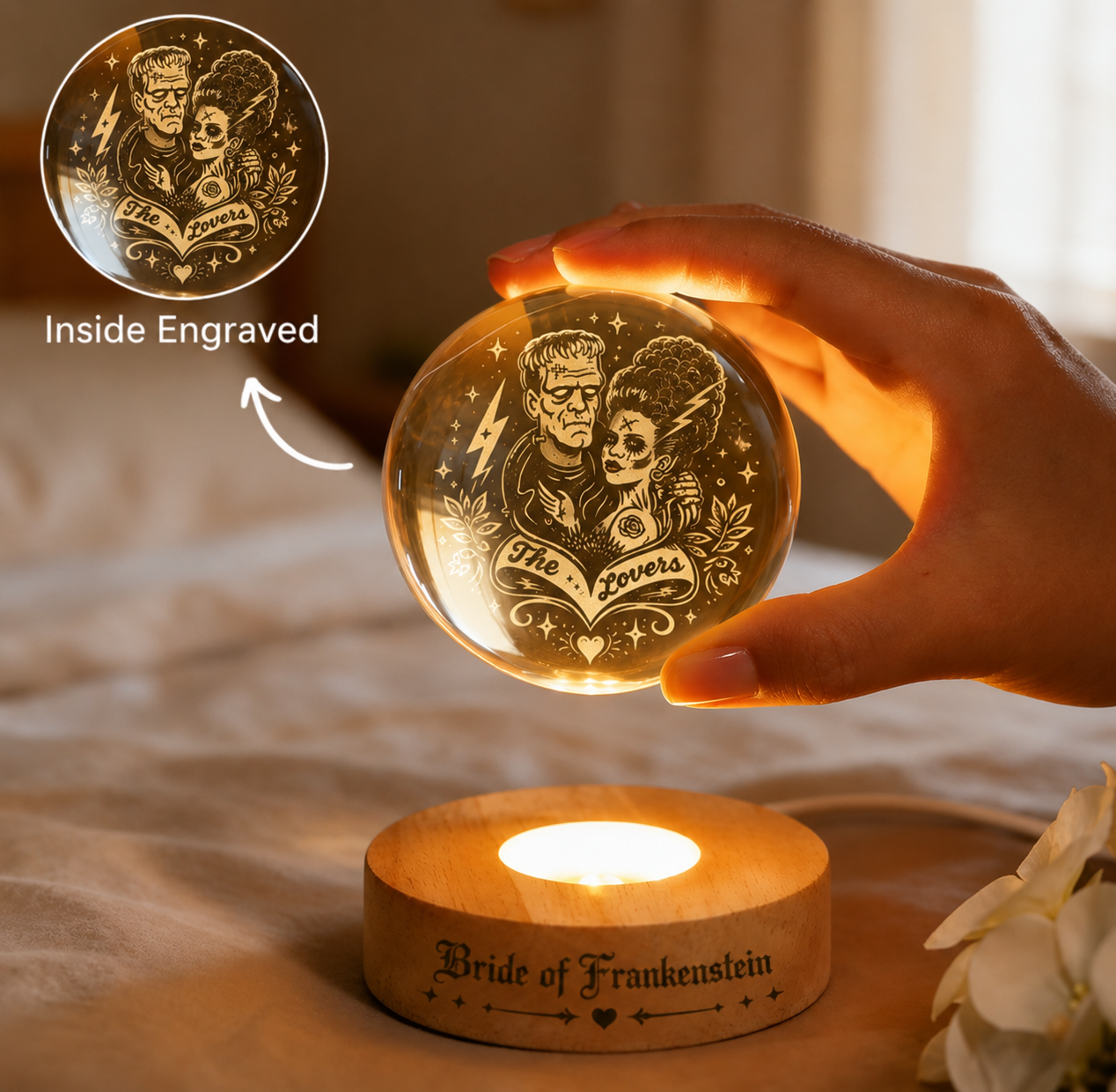 Bride of Frankenstein Crystal Ball Night Light – Gothic Horror Crystal Globe, Monster Couple Decor, Halloween Bedroom Light, Horror Lover Gift