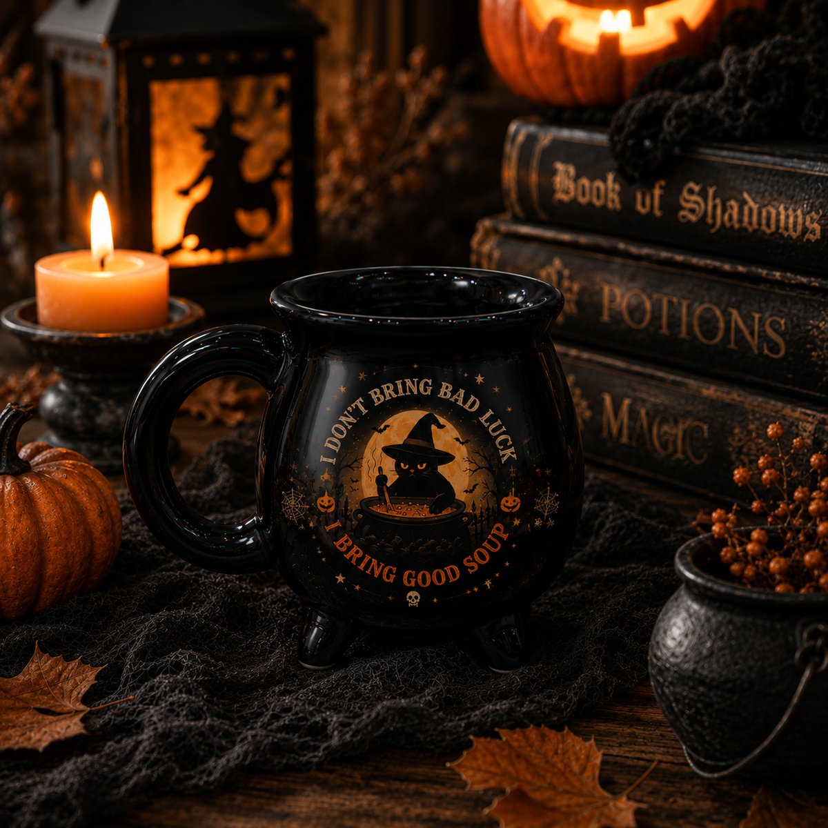 Black Cat Halloween Cauldron Mug – Witch Ceramic Coffee Mug, Funny Spooky Fall Coffee Cup, I Bring Good Soup Halloween Gift