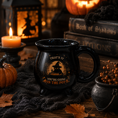 Black Cat Halloween Cauldron Mug – Witch Ceramic Coffee Mug, Funny Spooky Fall Coffee Cup, I Bring Good Soup Halloween Gift