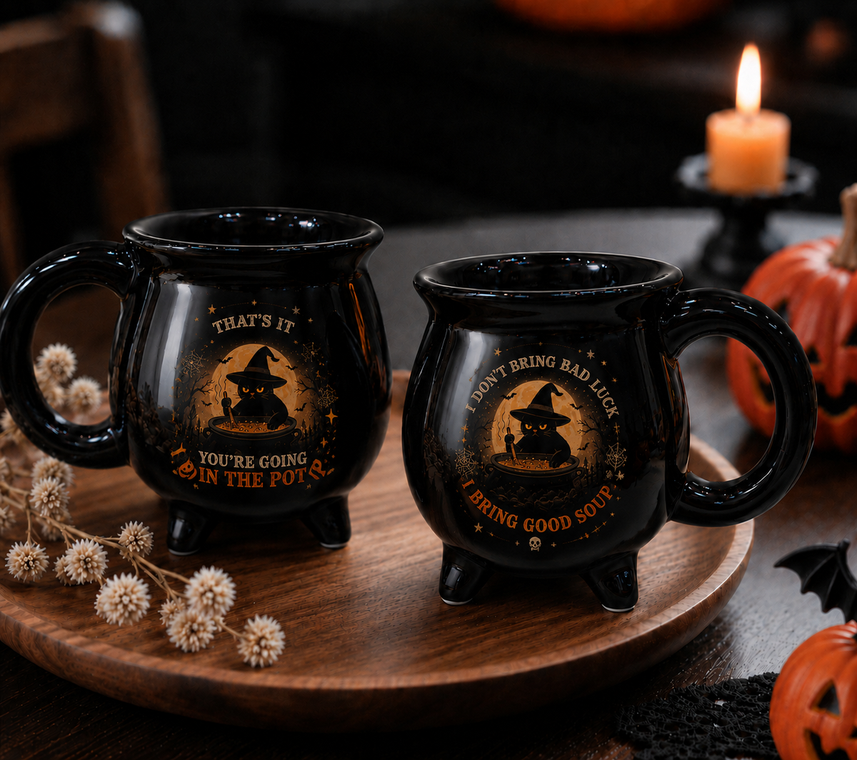 Black Cat Halloween Cauldron Mug – Witch Ceramic Coffee Mug, Funny Spooky Fall Coffee Cup, I Bring Good Soup Halloween Gift