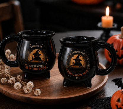 Black Cat Halloween Cauldron Mug – Witch Ceramic Coffee Mug, Funny Spooky Fall Coffee Cup, I Bring Good Soup Halloween Gift