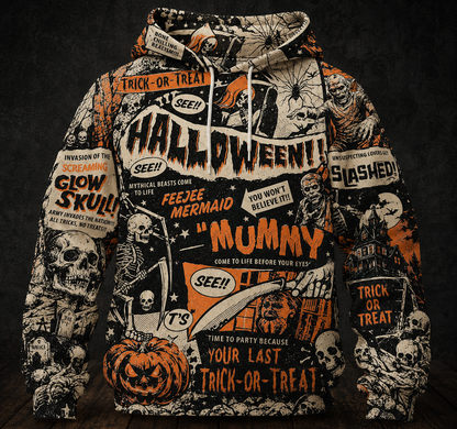 Vintage Halloween Horror Comic Hoodie – All Over Print Spooky Graphic Hooded Sweatshirt, Retro Monster Halloween Gift