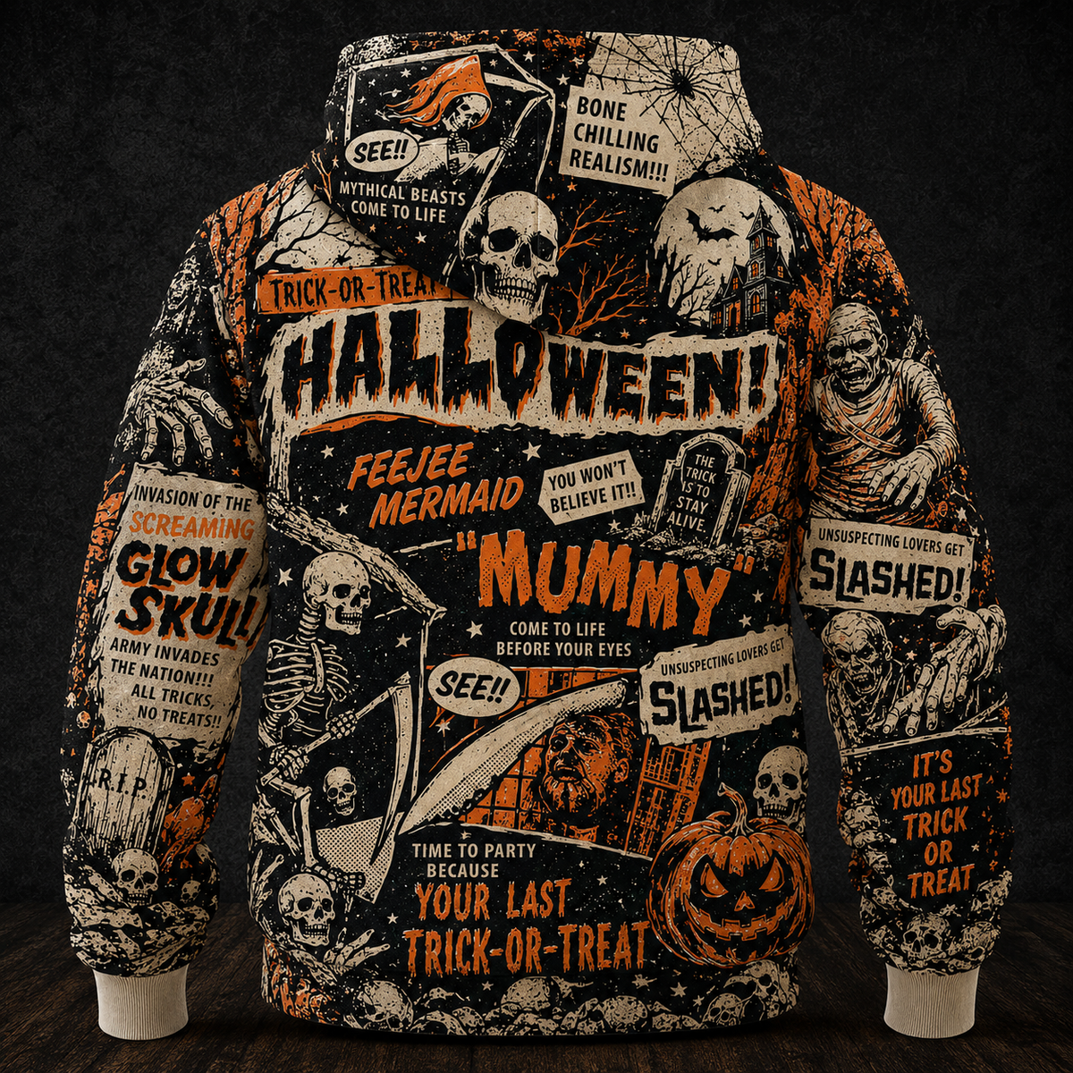 Vintage Halloween Horror Comic Hoodie – All Over Print Spooky Graphic Hooded Sweatshirt, Retro Monster Halloween Gift