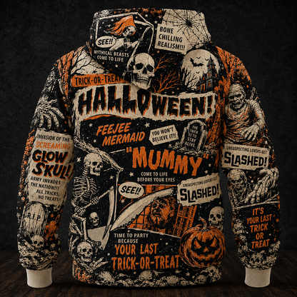 Vintage Halloween Horror Comic Hoodie – All Over Print Spooky Graphic Hooded Sweatshirt, Retro Monster Halloween Gift