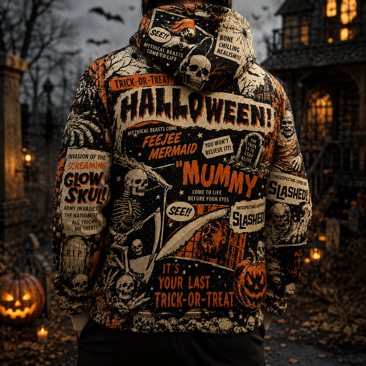 Vintage Halloween Horror Comic Hoodie – All Over Print Spooky Graphic Hooded Sweatshirt, Retro Monster Halloween Gift