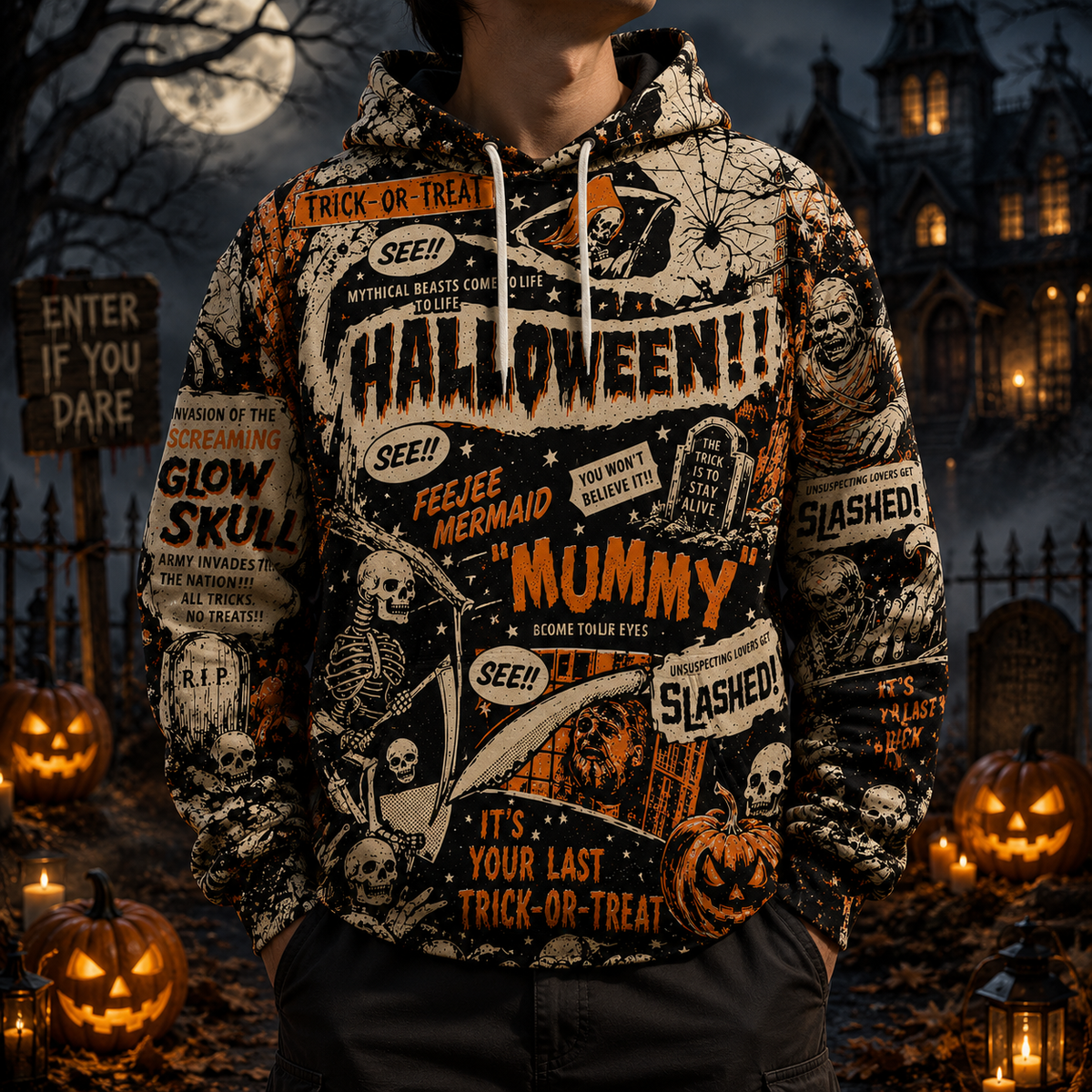 Vintage Halloween Horror Comic Hoodie – All Over Print Spooky Graphic Hooded Sweatshirt, Retro Monster Halloween Gift