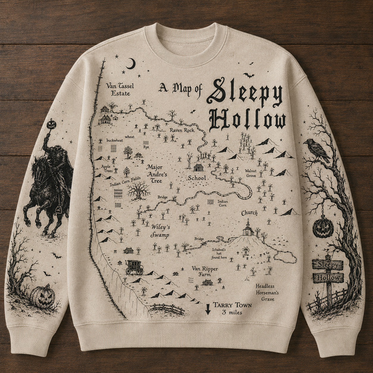 Sleepy Hollow Map Sweatshirt – Vintage Gothic Halloween Crewneck, Headless Horseman Literary Pullover