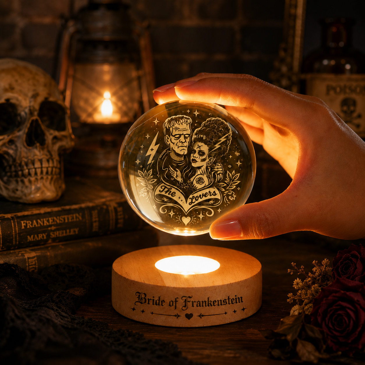 Bride of Frankenstein Crystal Ball Night Light – Gothic Horror Crystal Globe, Monster Couple Decor, Halloween Bedroom Light, Horror Lover Gift