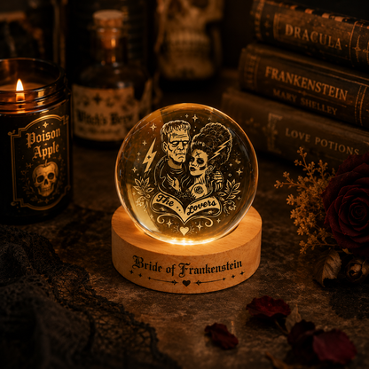 Bride of Frankenstein Crystal Ball Night Light – Gothic Horror Crystal Globe, Monster Couple Decor, Halloween Bedroom Light, Horror Lover Gift