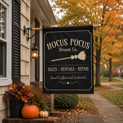 Hocus Pocus Broom Co Garden Flag – Halloween Witch House Flag Spooky Outdoor Fall Decor, Double-Sided House Flag