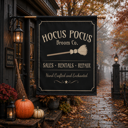 Hocus Pocus Broom Co Garden Flag – Halloween Witch House Flag Spooky Outdoor Fall Decor, Double-Sided House Flag